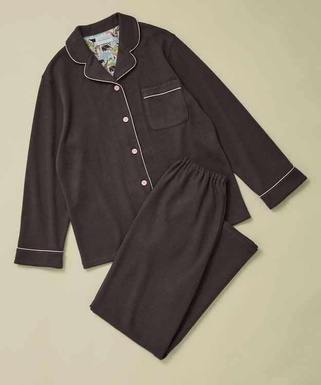 une nana cool 【綿混】ソフトコットンリブ 長袖開襟パジャマ MADE WITH LIBERTY FABRIC アッシュブラウン