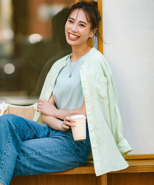 23区 S 【洗える】LIBECO バンドカラー シャツ メロンストライプ