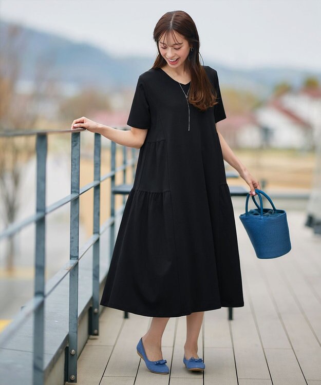 Tiaclasse 【小倉優子さん着用・洗える・接触冷感・汗ジミ防止】“サマさまカットソー”サイドティアードワンピース ブラック