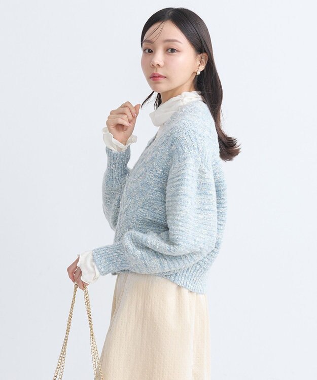 earth music&ecology スラブラメヤーンケーブルカーディガン Light Blue