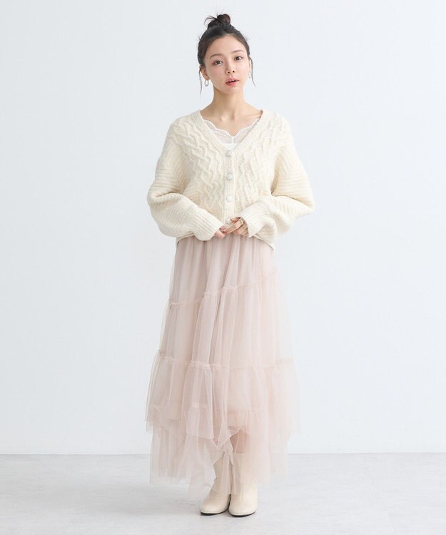 earth music&ecology スラブラメヤーンケーブルカーディガン Ivory