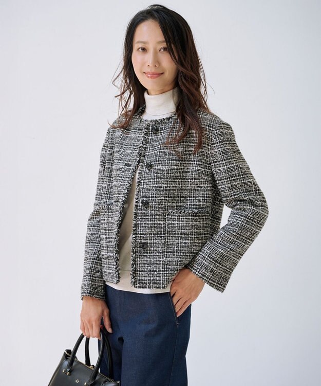 J.PRESS LADIES L Lightループチェック ツイード ジャケット ブラックミックス系