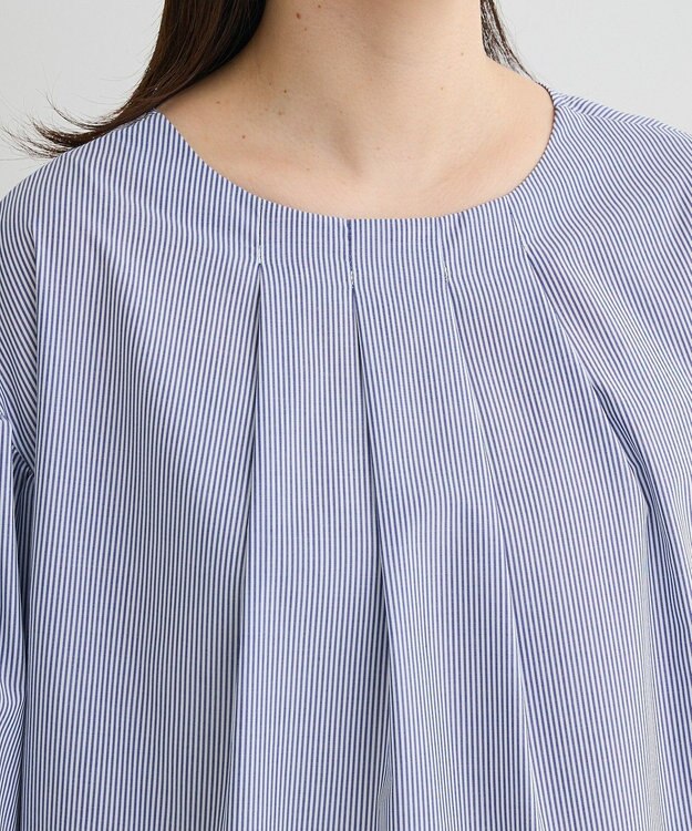 Green Parks イージーケア袖タックブラウス Stripe Blue