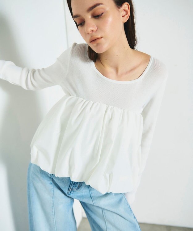 GRACE CONTINENTAL タフタケープ付ニットトップ ホワイト