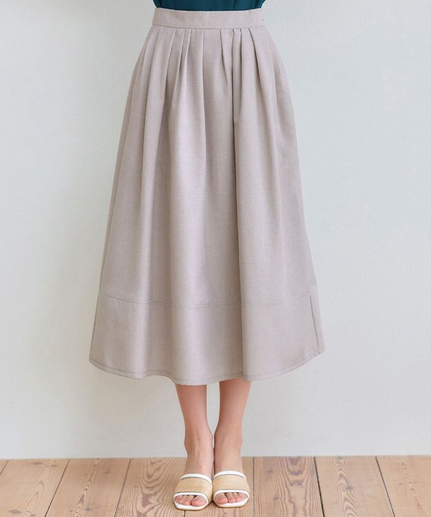 Tiaclasse 【選べる丈】麻調タックフレアスカート ミモレ丈グレージュ