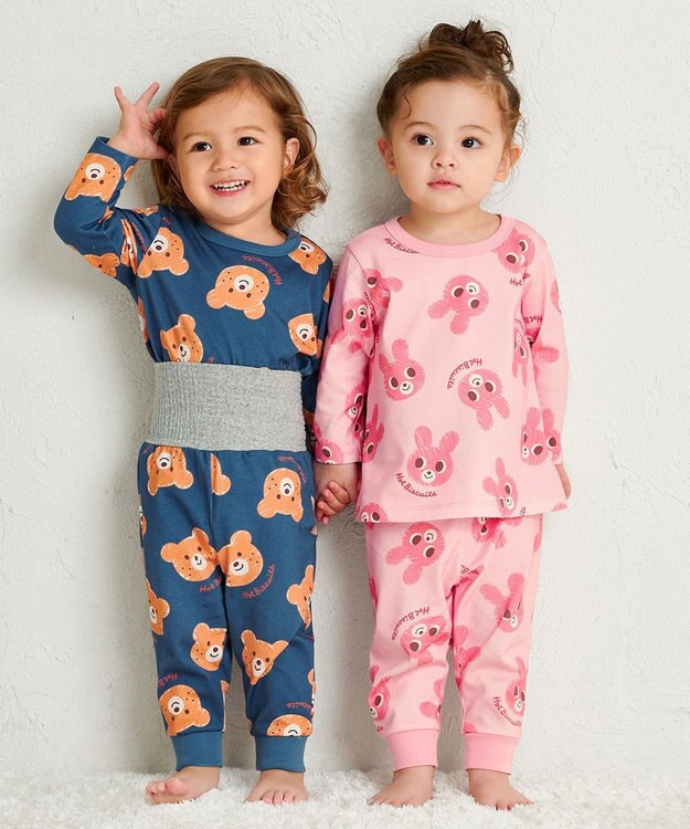 MIKI HOUSE HOT BISCUITS 【80-120cm】 ビーンズフェイスプリント 腹巻き付き長袖パジャマ ストームブルー