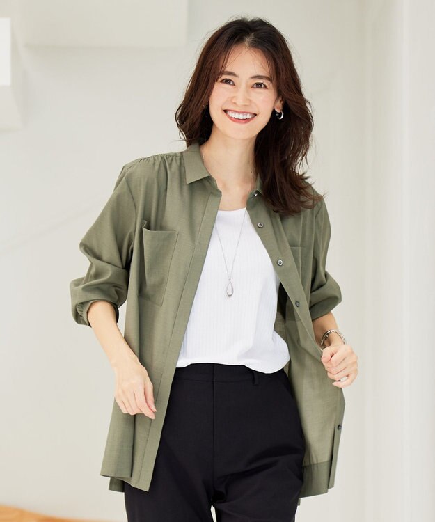 J.PRESS LADIES 【洗える】キュームコアソフトローン シャツ ブラウス カーキ系