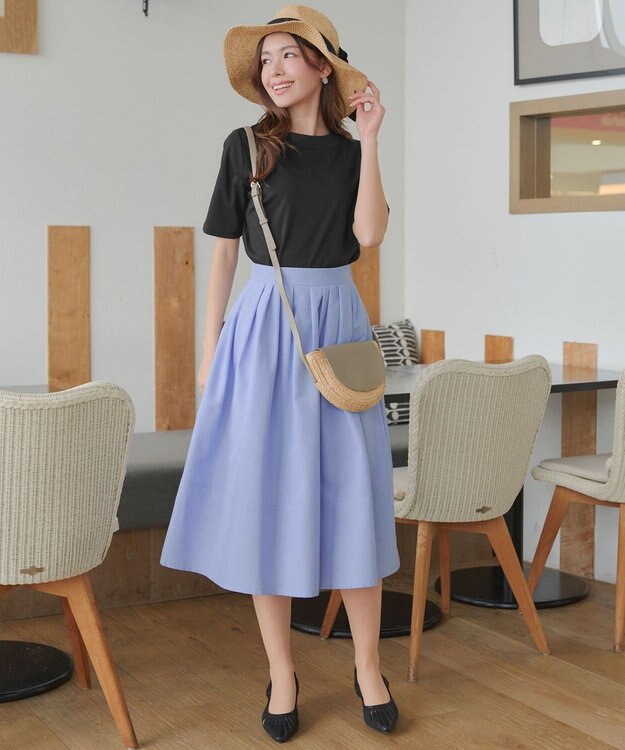 Tiaclasse 【選べる丈】麻調タックフレアスカート 膝丈サックス