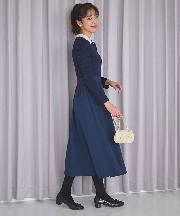 Feroux 【洗える】バイカラー襟ニットドッキング ワンピース ネイビー系