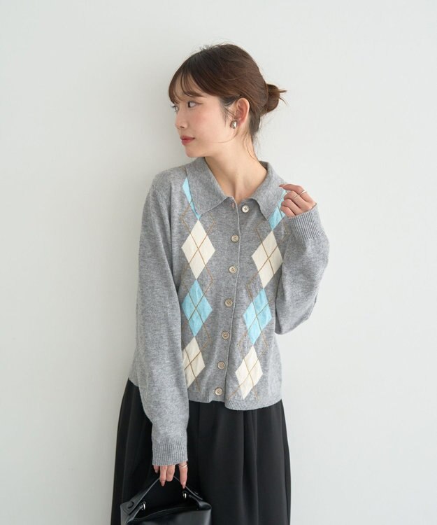 earth music&ecology 【予約】襟付きアーガイルニットカーディガン グレー