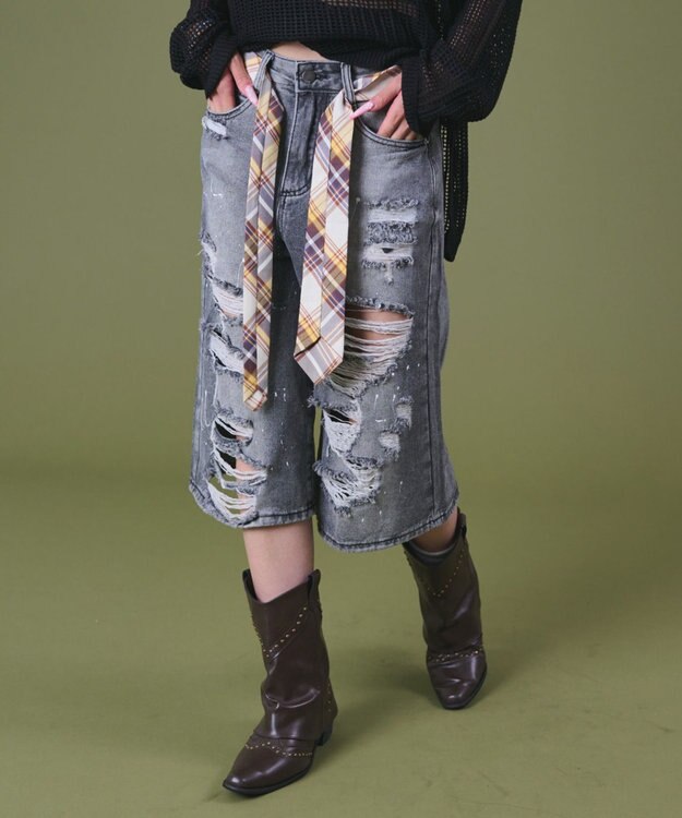 WEGO タイ付きダメージハーフデニムパンツ デニムブラック