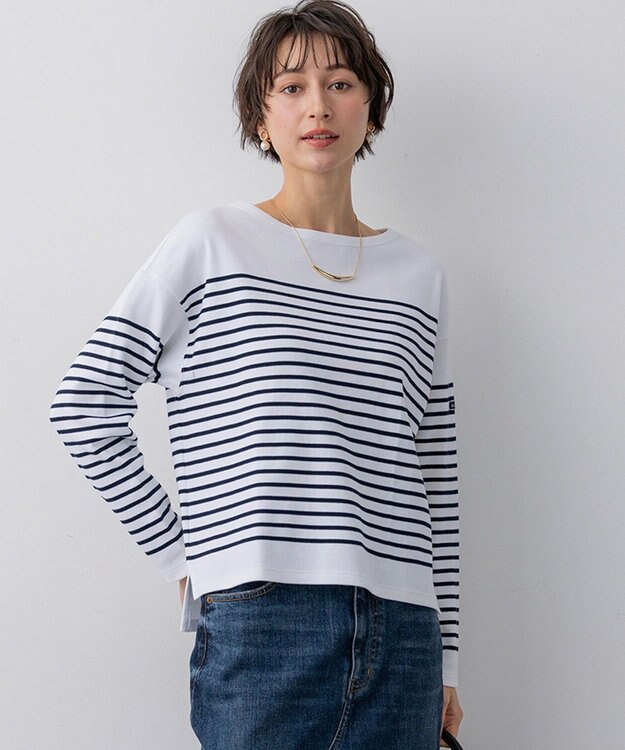 23区 Armo-lux パネルボーダー クロップド カットソー ネイビー系