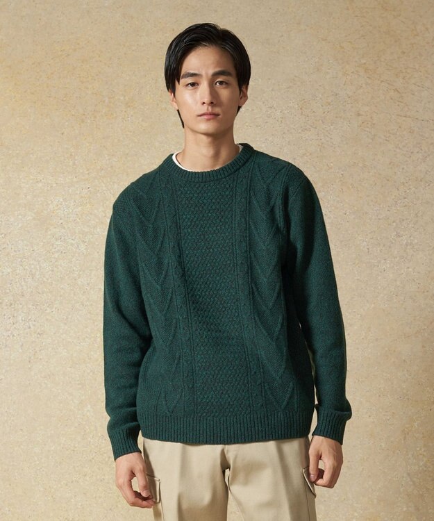 J.PRESS MEN 【Cash Lamb's Wool】ケーブルクルーネック ニット グリーン系