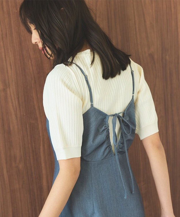Feroux 【セットアイテム・洗える】パフスリーブニット×キャミソール ワンピース ネイビー系