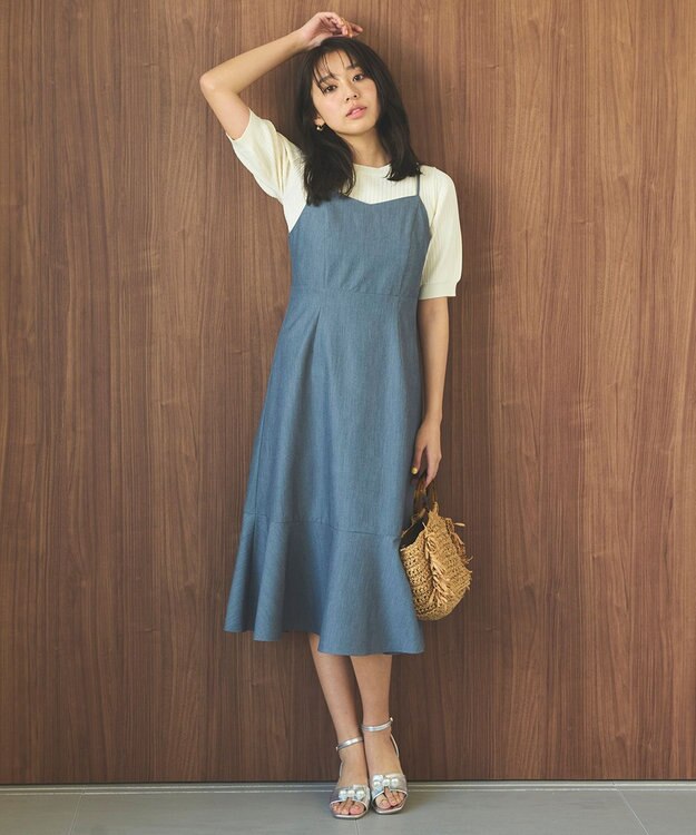 Feroux 【セットアイテム・洗える】パフスリーブニット×キャミソール ワンピース ネイビー系