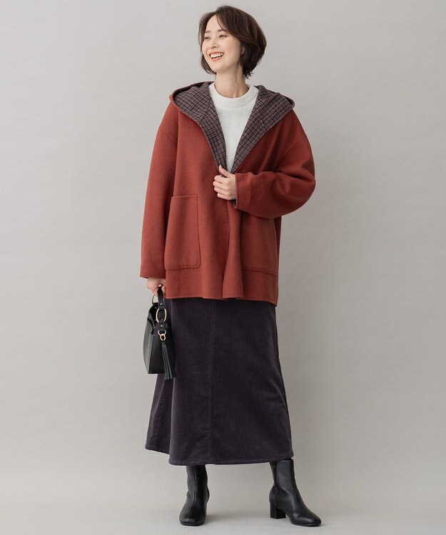 自由区 【リバーシブル】ウールリバー フード付きショートコート レッド系