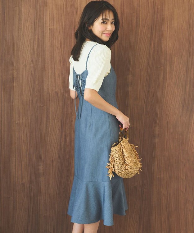 Feroux 【セットアイテム・洗える】パフスリーブニット×キャミソール ワンピース ネイビー系