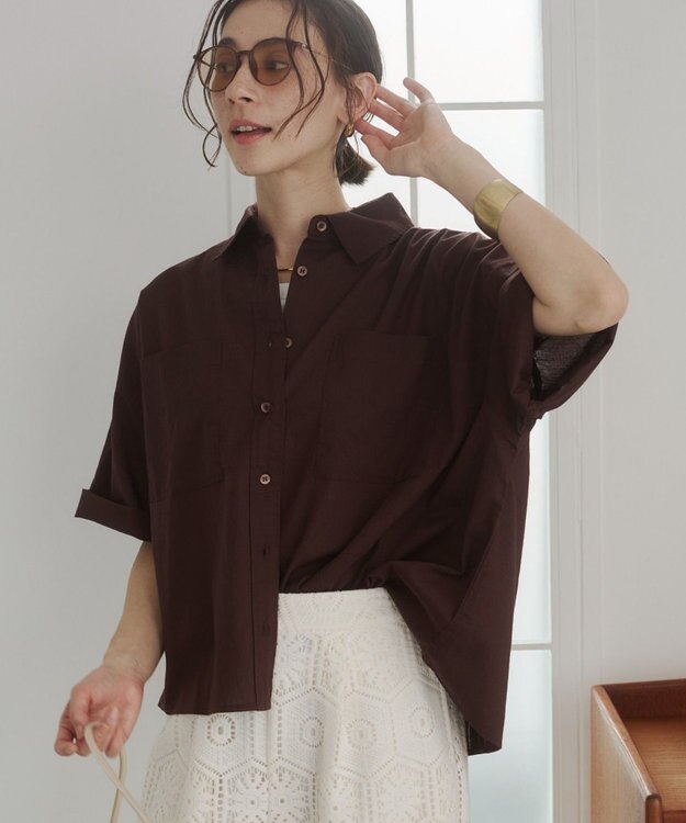 WEGO 【ANGIE VINTAGE】キャンブリックボイルオーバー半袖シャツ ダークブラウン