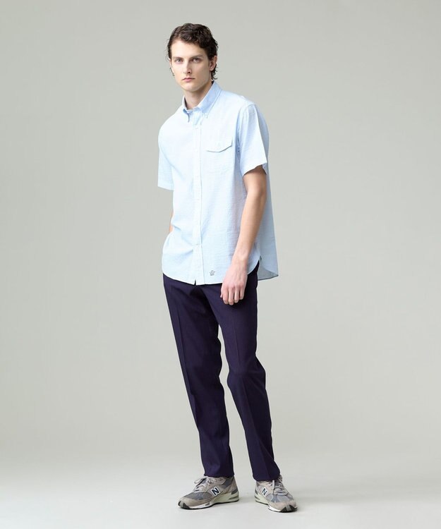 J.PRESS MEN 真夏を乗り切る爽快感と機能性【吸水速乾 / 接触冷感 / 高通気性 / ウォッシャブル】サッカー シャツ / B.D. サックスブルー系