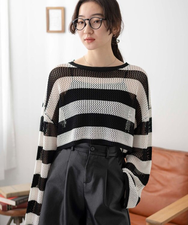 WEGO ショートメッシュニットプルオーバー ブラックボーダー