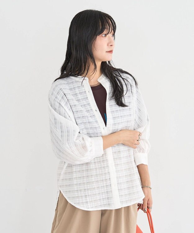 Green Parks シアーチェック７分袖シャツ Off White
