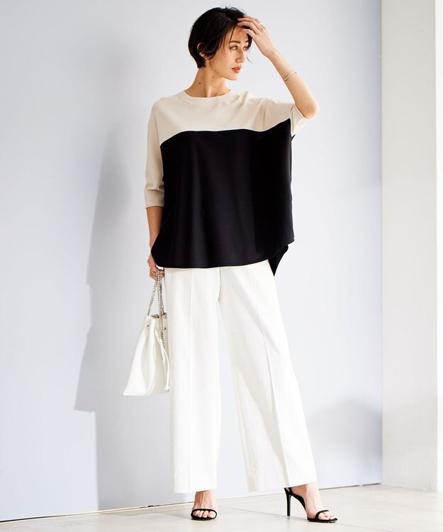 ICB L 【新色追加・接触冷感・UVカット・洗える】 ヴィスコースナイロンハイゲージ 半袖プルオーバー トープ×ブラック系