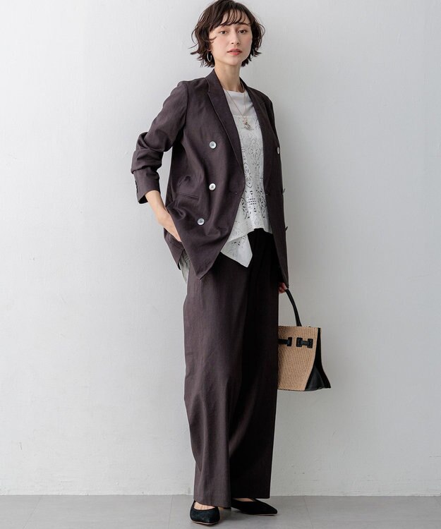 23区 【先行予約】リネンレーヨンストレッチ ダブルジャケット ダークブラウン系