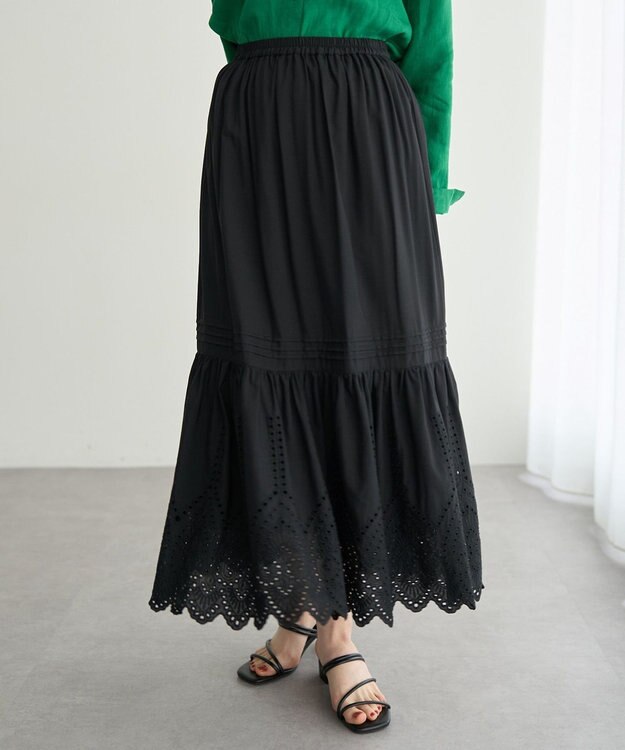 YECCA VECCA アイレット刺繍ギャザーフレアスカート Black