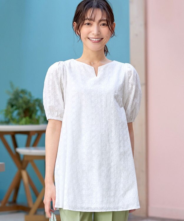 Tiaclasse 【2TYPE/総レース・袖レース】パンチングレースパフスリーブチュニックブラウス Aオフホワイト(総レース）