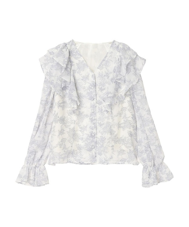 earth music&ecology 花柄ラッフルブラウス Blue
