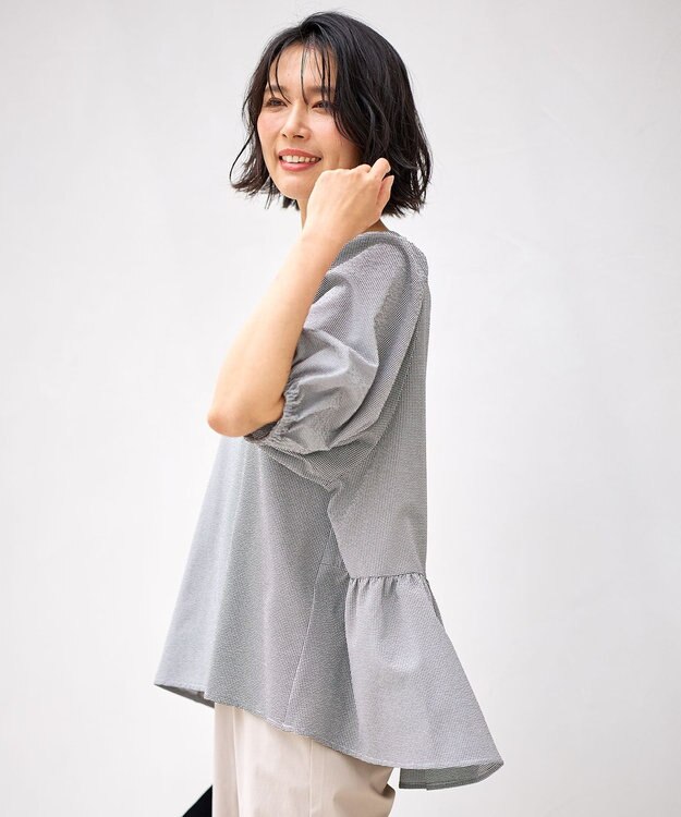 ANY サッカーギャザーバックペプラムブラウス ギンガム