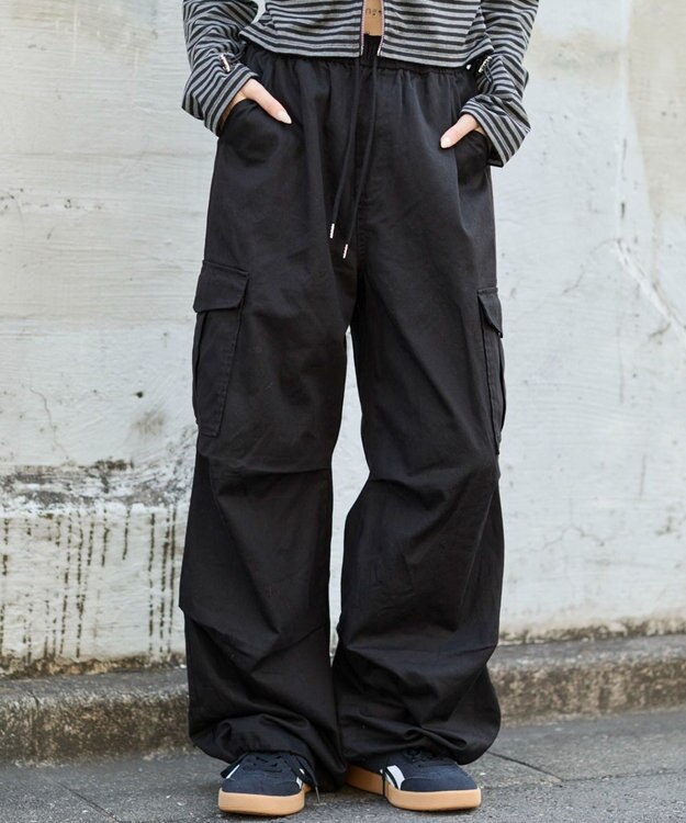 WEGO 【ウエストゴム/XSSMサイズ展開】ツイルイージーカーゴパンツ ブラック