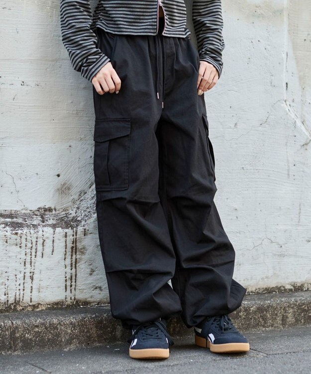 WEGO 【ウエストゴム/XSSMサイズ展開】ツイルイージーカーゴパンツ ブラック