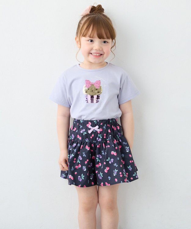 ANY KIDS 【綿100%】ドロップショルダーミラクルスパンコールTシャツ サックスブルー×ケーキ