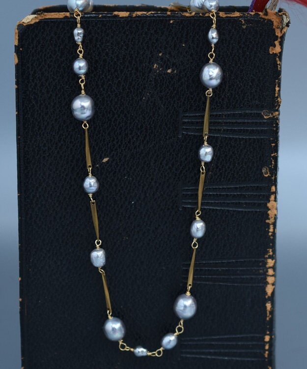 monshiro ガラスパールバーチェーンネックレス ゴールド×グレー