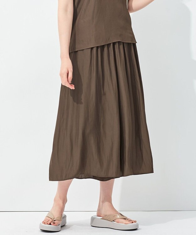 自由区 【セットアップ可/洗える】ブライトサテンライト ギャザーパンツ ダークブラウン系