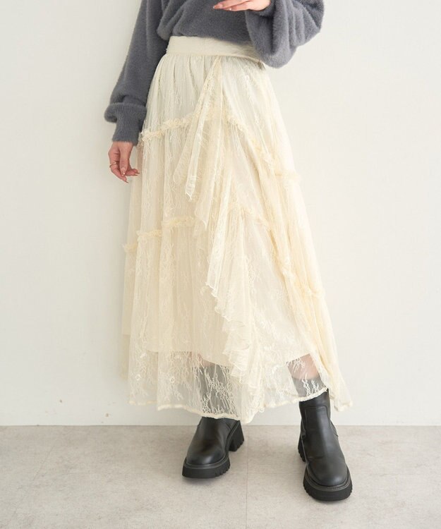 earth music&ecology レースフリルティアードスカート Ivory