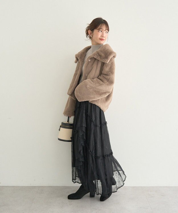 earth music&ecology レースフリルティアードスカート Black