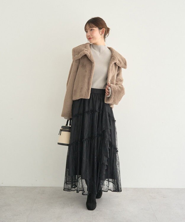 earth music&ecology レースフリルティアードスカート Black