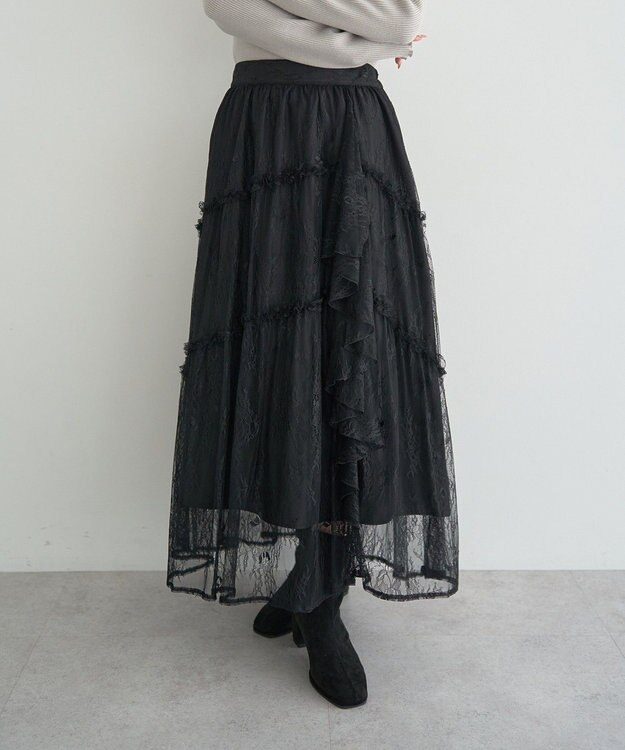 earth music&ecology レースフリルティアードスカート Black