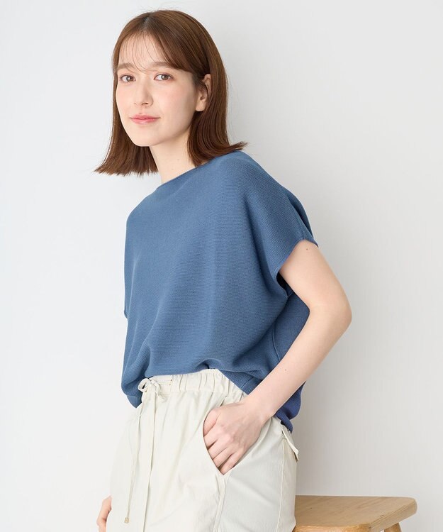 ANY 【洗濯機可/アンチピリング/UVカット】アクリルガーターフレンチスリーブニット ブルー