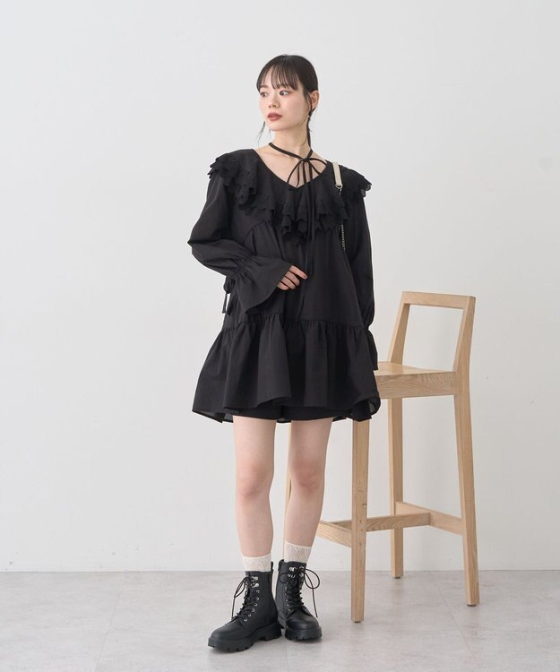 earth music&ecology 【綿100％】サイドリボンラッフルミニワンピース Black