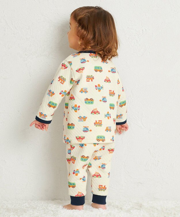 MIKI HOUSE HOT BISCUITS 【80-120cm】 あったかキルト素材 乗り物柄 腹巻き付き長袖パジャマ アイボリー