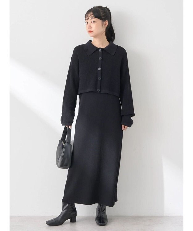 earth music&ecology ＳＥＴ２点襟付きカーディガン＋ニットワンピース Black