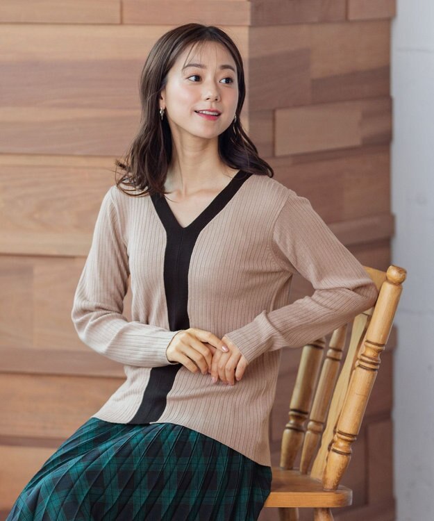 ANY 【洗える】Vネック リブニット ブラウン系1