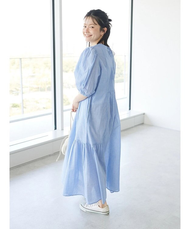 CRAFT STANDARD BOUTIQUE インド綿パフスリーブギャザーワンピース Stripe Blue