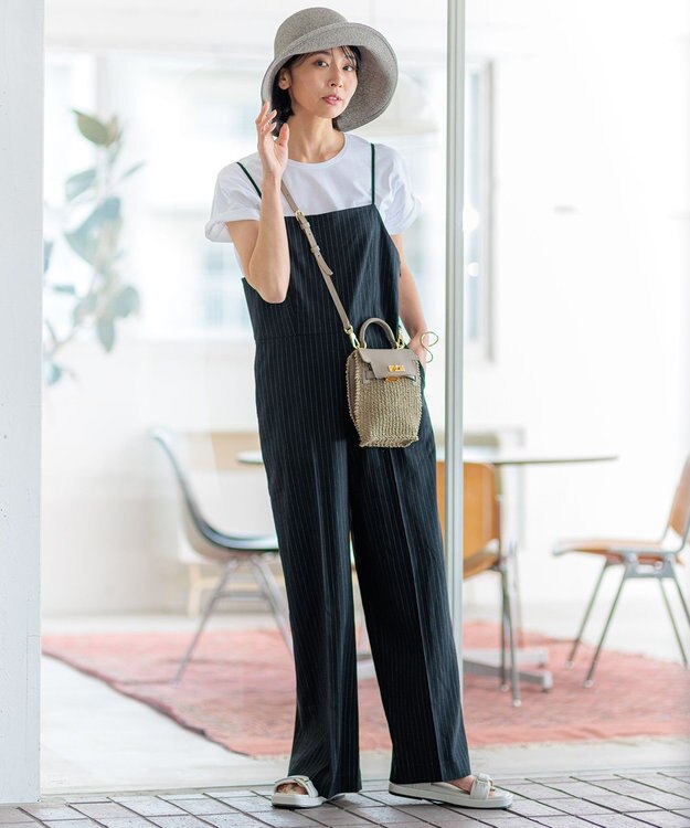23区 【CLASSY.6月号掲載/洗える】リネンレーヨンストレッチ サロペット [WEB限定]ブラックストライプ