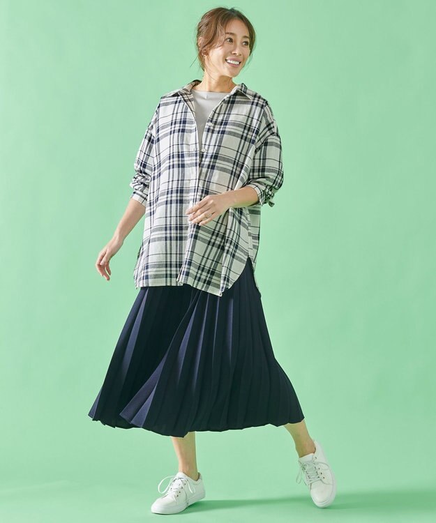 ANY 【ウエストゴム】リネンライクエアーヴィンテージ プリーツスカート ネイビー