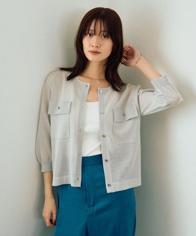 YECCA VECCA ノーカラー7分袖ポケットカーディガン Light Gray