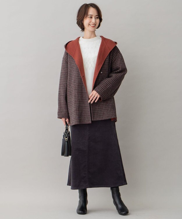 自由区 【リバーシブル】ウールリバー フード付きショートコート レッド系